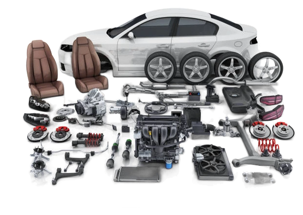 Exploded view of car parts around a white sedan: seats, wheels, engine, brakes, suspension, radiator and lights