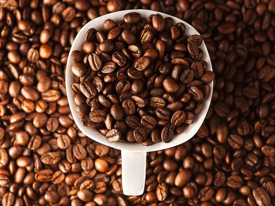 Roasted coffee beans heaped in and around a white cup