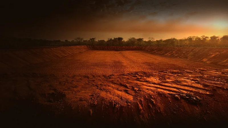 Red earth excavation at a mineral site in Sudan at sunset
