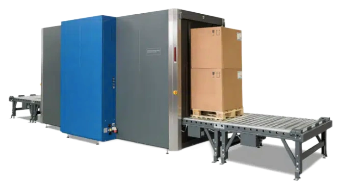 Large pallet X-ray scanner with roller conveyors and a boxed pallet